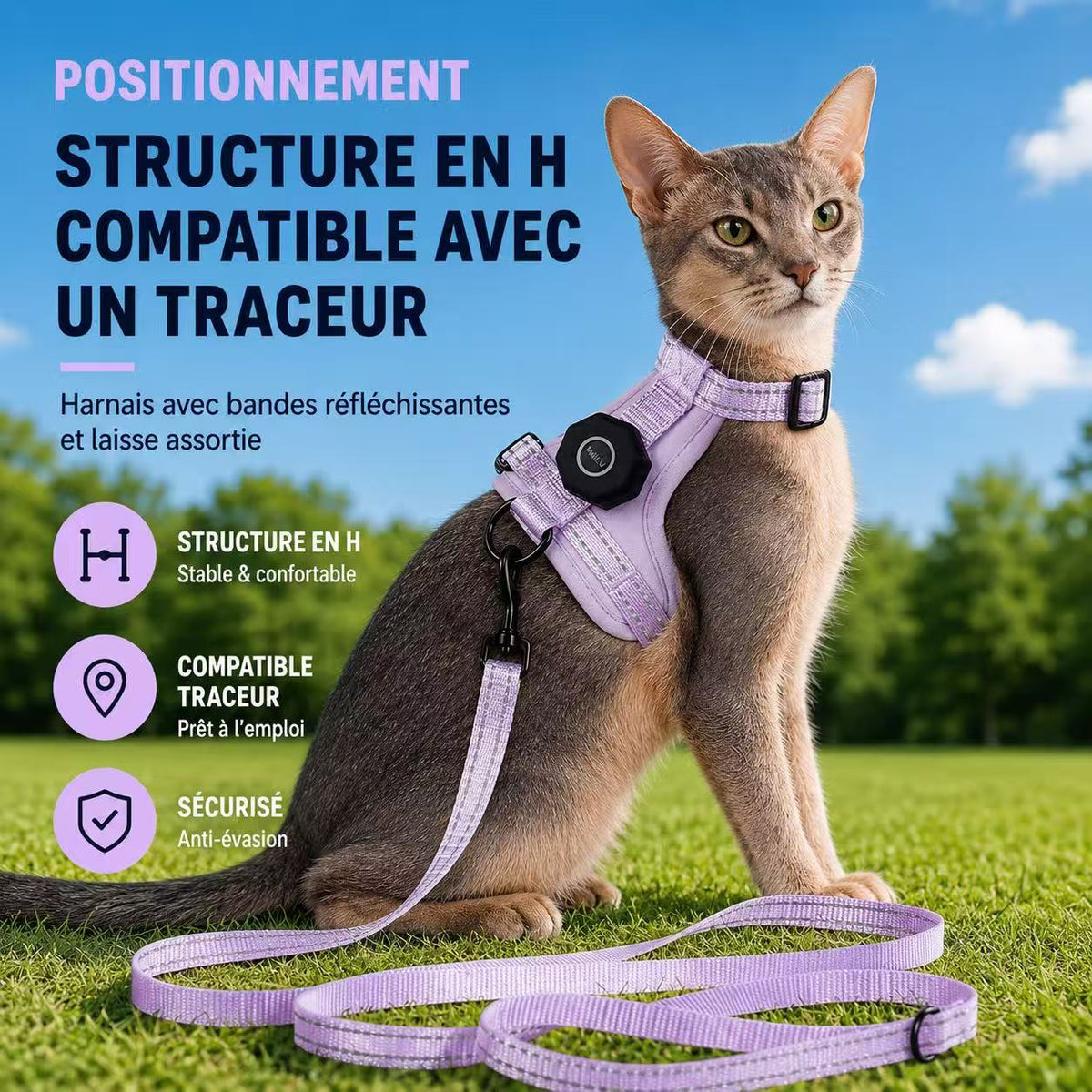 Harnais chat anti-fugue avec étui pour traceur