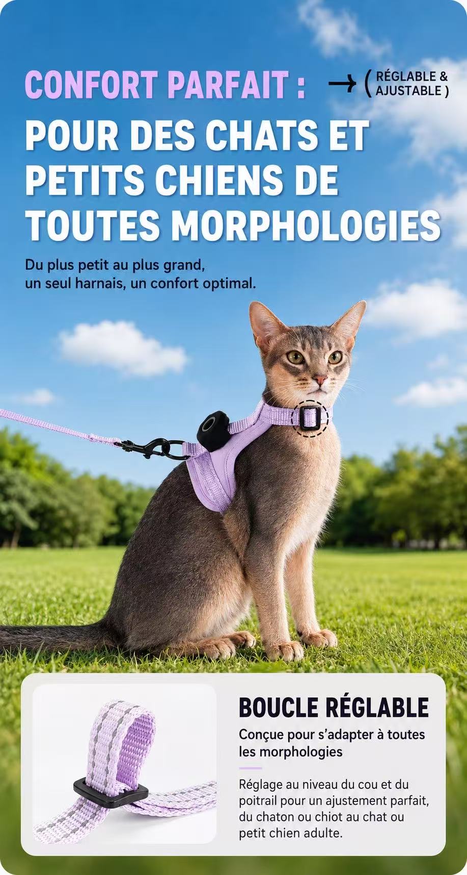 Harnais chat anti-fugue avec étui pour traceur